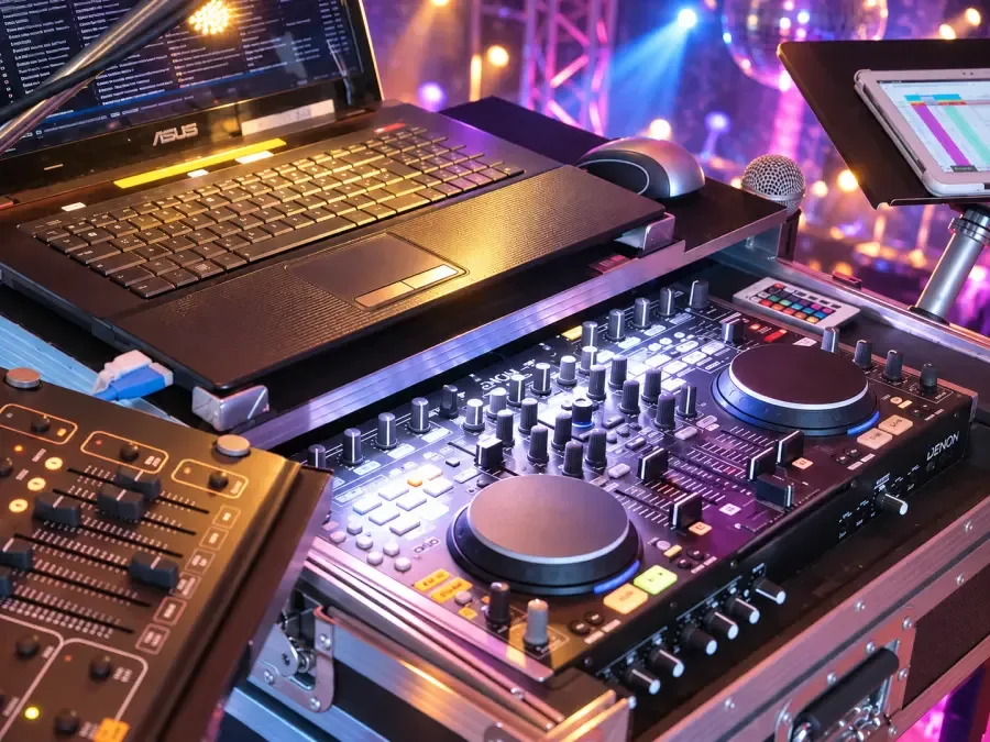DJ-Pult mit Laptop und Controller im Effektlicht